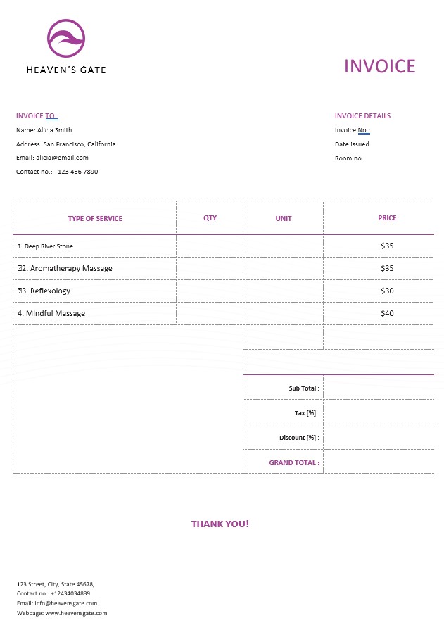 Free Massage Invoice Template PSD template